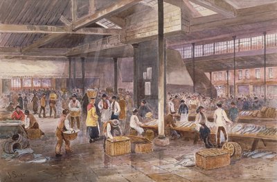 Innenansicht des Billingsgate-Fischmarktes, um 1849 von John Syer